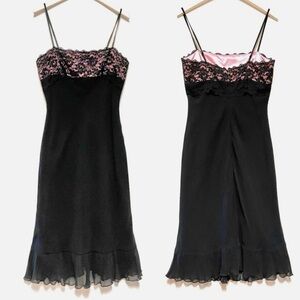 100% Silk 00s Express Black Lace & Pink Cocktail Dress